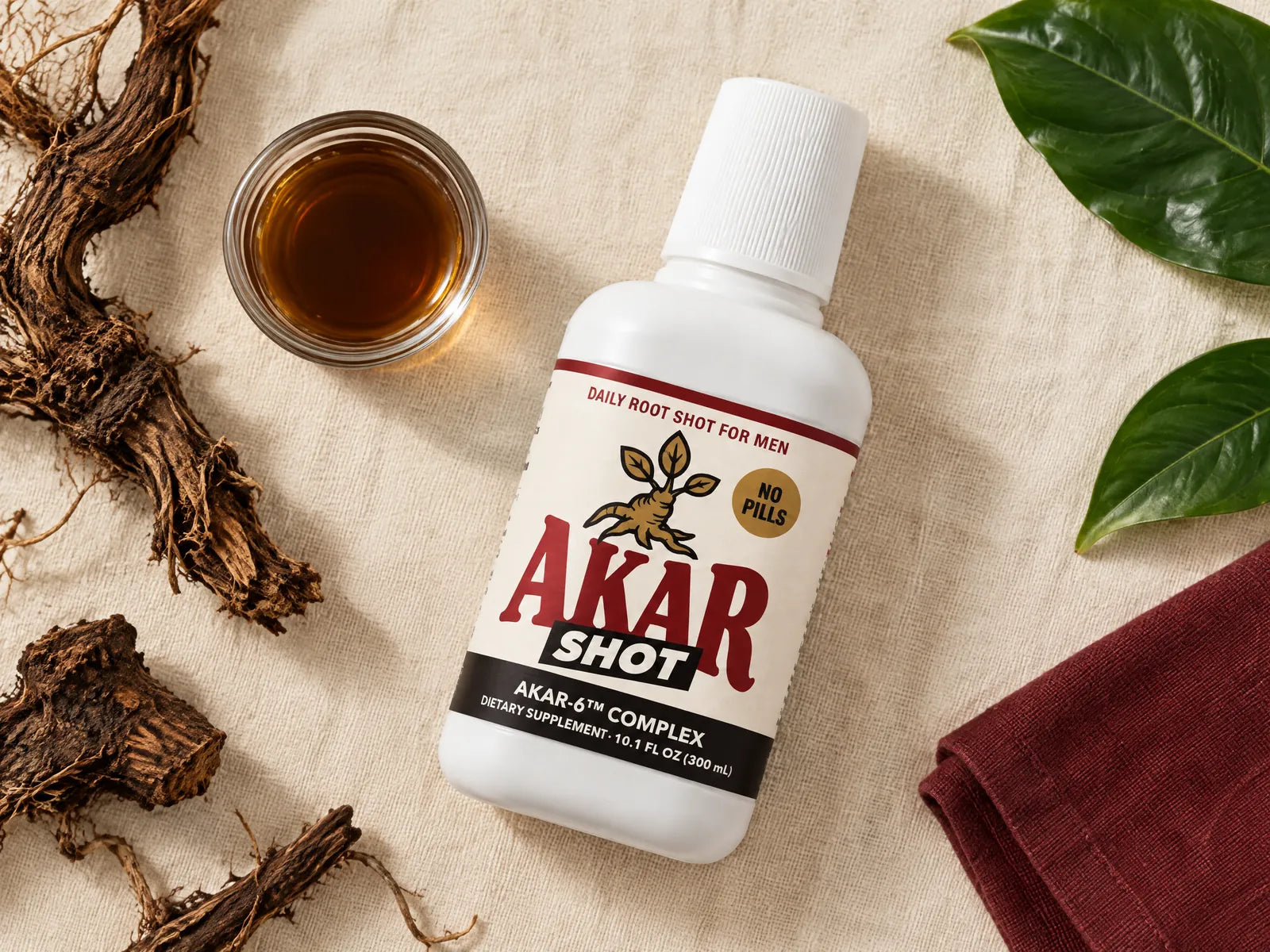 AKAR SHOT bottle with a 20 mL shot, dried roots and leaves