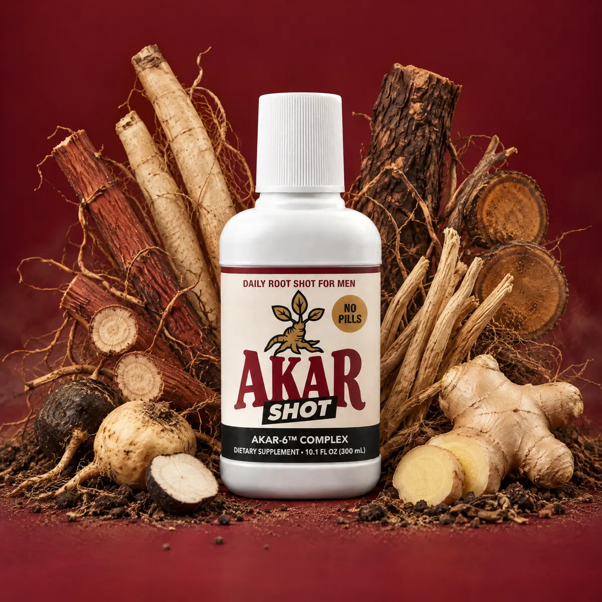 AKAR SHOT 300 mL bottle on deep burgundy with the six dried roots of the formula rising behind it