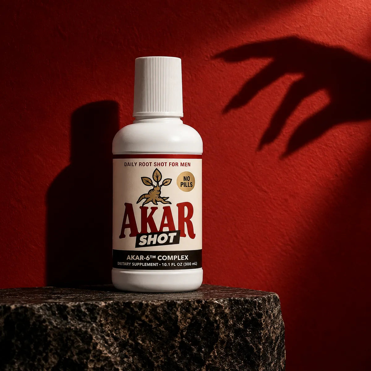 The shadow of a woman's hand on a red wall reaching for the AKAR SHOT bottle