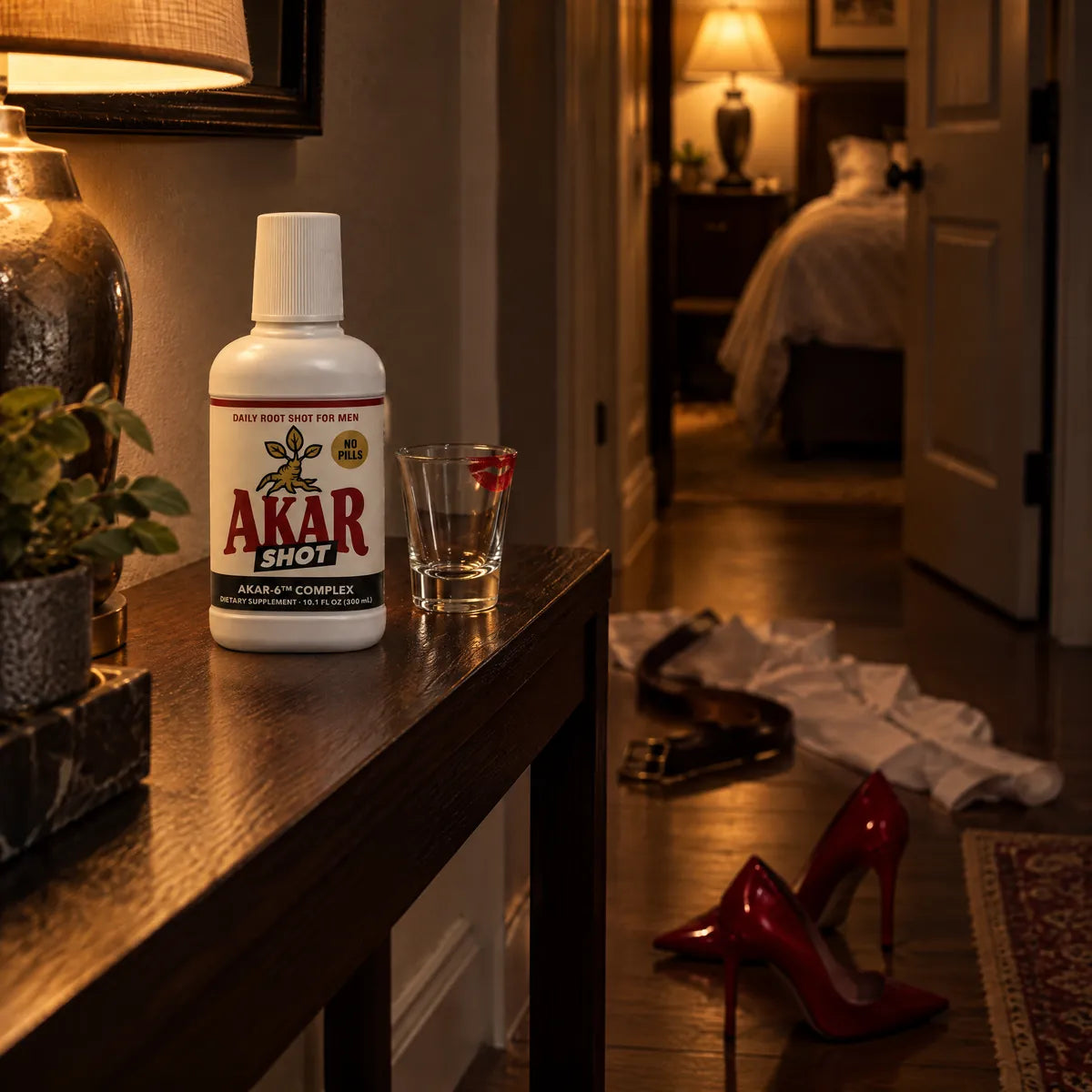 AKAR SHOT and a lipstick-marked shot glass in a hallway, red heels, a belt and a shirt on the floor by a half-open bedroom door