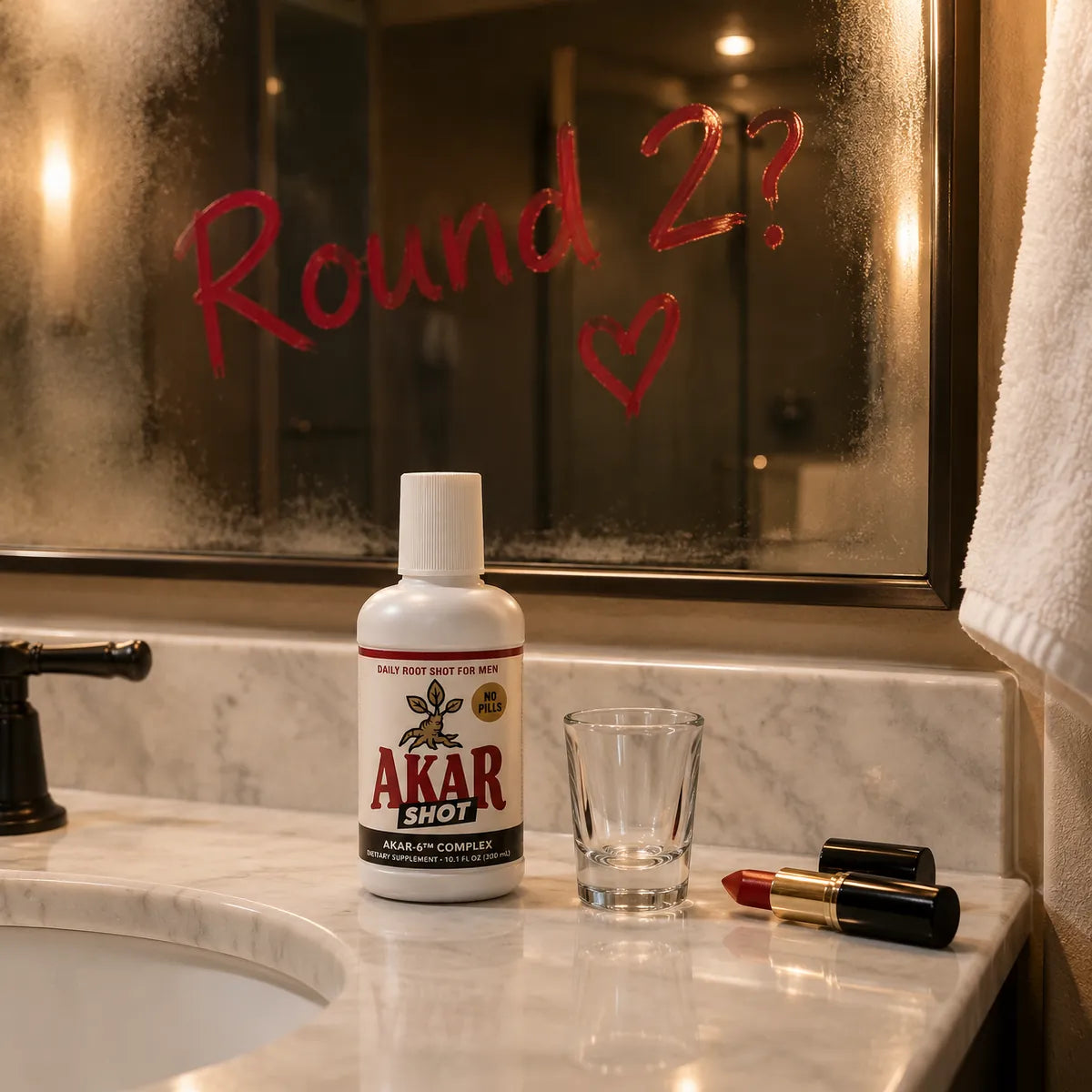 "Round 2?" written in red lipstick on a bathroom mirror above AKAR SHOT and an empty shot glass