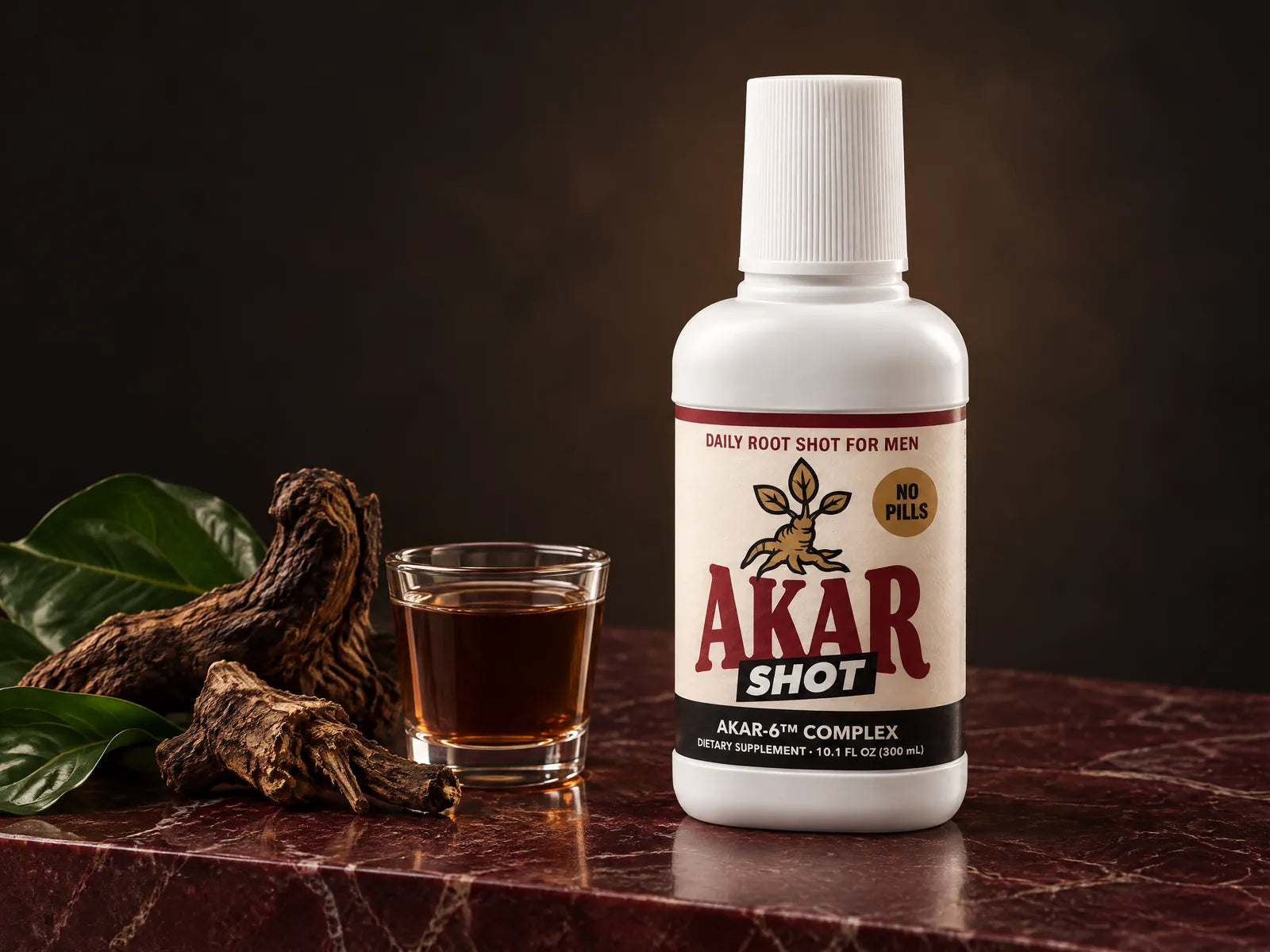 AKAR SHOT bottle with a shot of the root tonic and dried Nusantara roots
