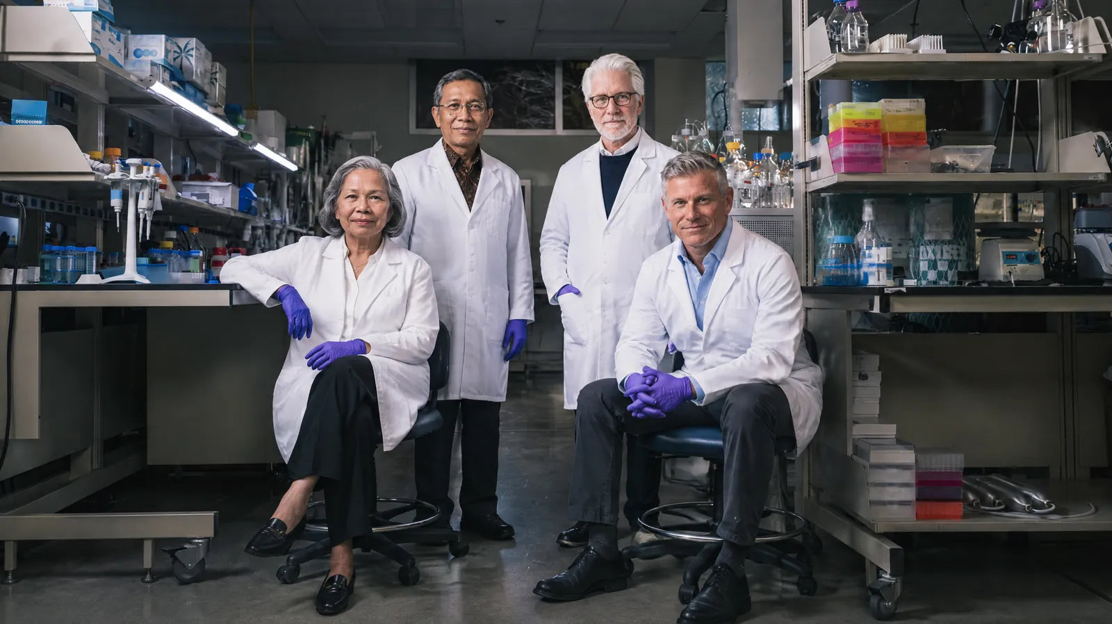 The AKAR SHOT team in the lab: Prof. Ernawati, Prof. Faris Sanawi, Dr. David E. Greenfield and Dr. Andrew H. Lavoie in white lab coats