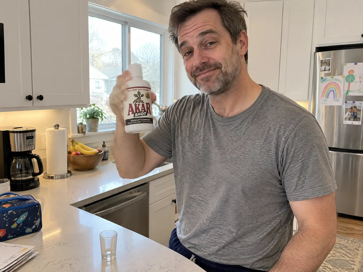 Phone photo in a family kitchen on a weekday morning: a man in a grey t-shirt shakes his AKAR SHOT bottle and grins at the camera