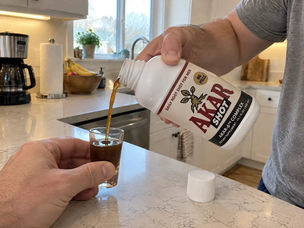 Close-up: he tilts the AKAR SHOT bottle and pours 20 mL of dark amber root tonic into a shot glass he holds on the counter