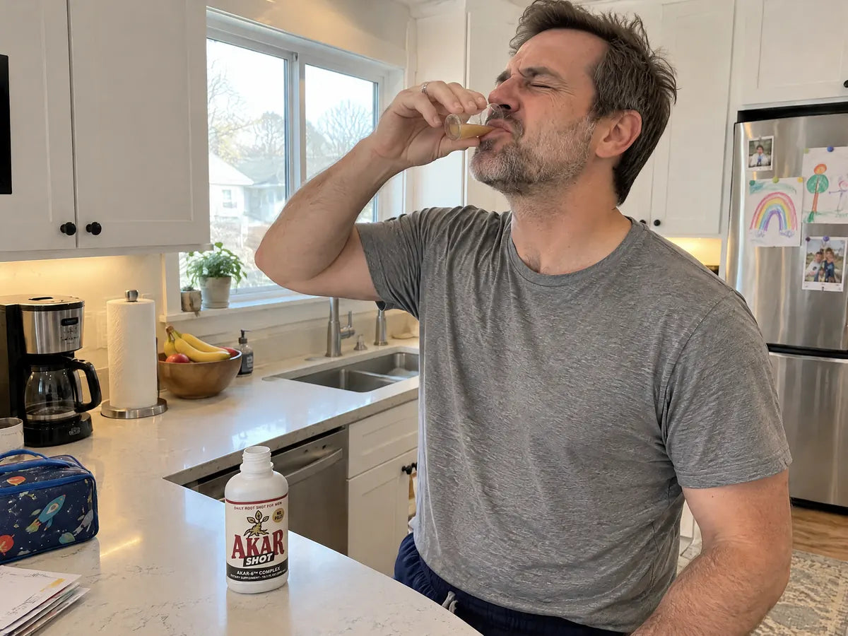 He knocks back the shot with a scrunched face while the open bottle stands on the counter