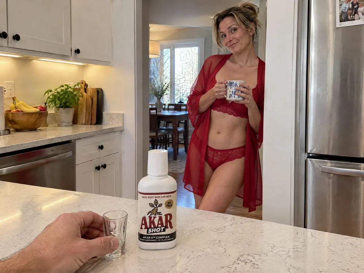 From his point of view: he sets down the empty shot glass by the bottle while his wife, in red lace lingerie and a sheer red robe with a coffee mug, leans in the doorway with a knowing smirk