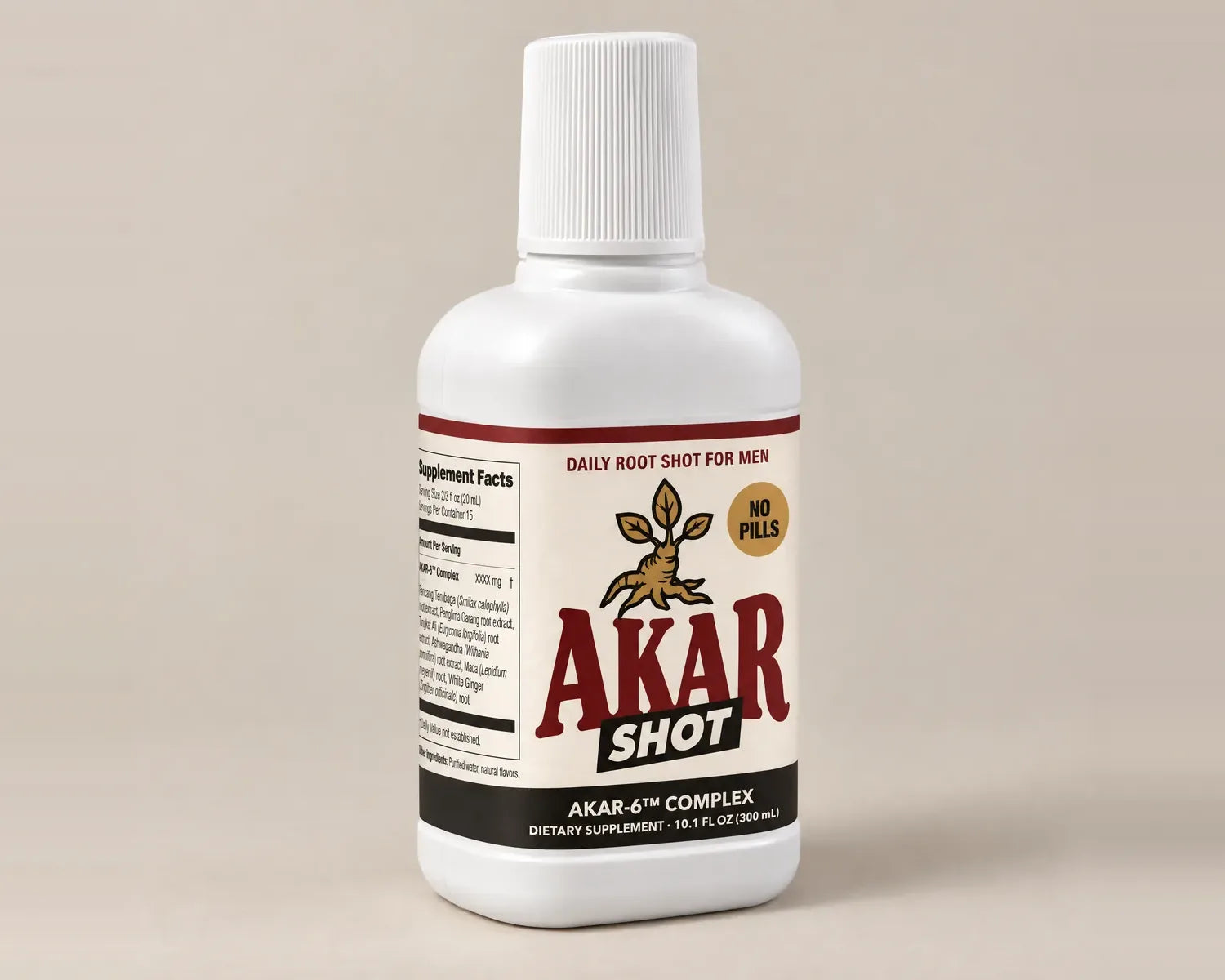 AKAR SHOT bottle at an angle, Supplement Facts on the side